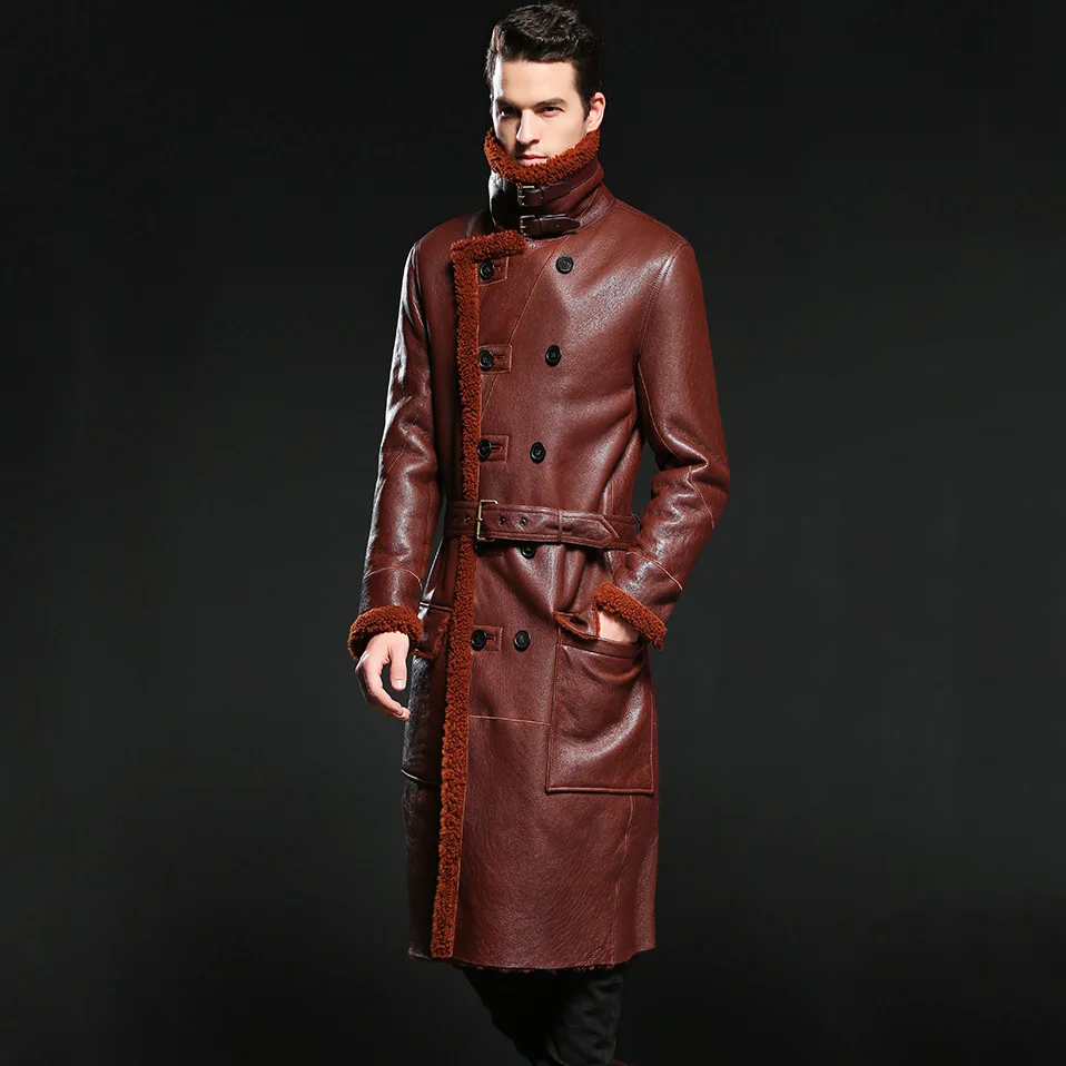 Длинная кожаная куртка воротник мандарина овчина пальто мужское куртка|men leather