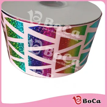 

Shipping free75mm (3 inch) wholesale rainbow geometric holographic ribbon with cutom accept ,100yard