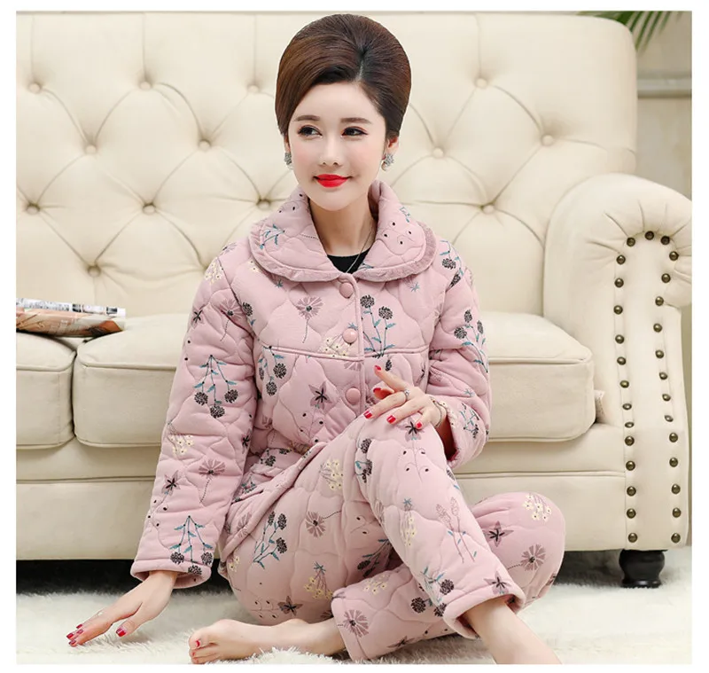 Зимний женский пижамный комплект среднего возраста, модная Пижама для мамы, теплый трехслойный стеганый пижамный комплект с хлопковой подкладкой 310