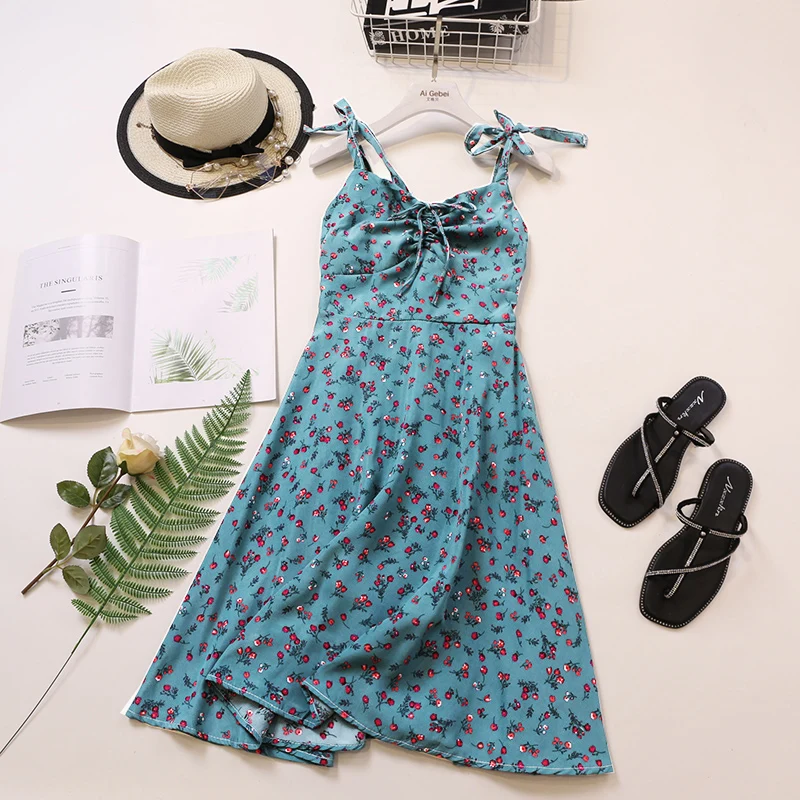 

Summer Dress Women 2019 New Sleeveless Spaghetti Strap V-neck Knee-length Female Tunics Vestidos Casual Vintage Dresses