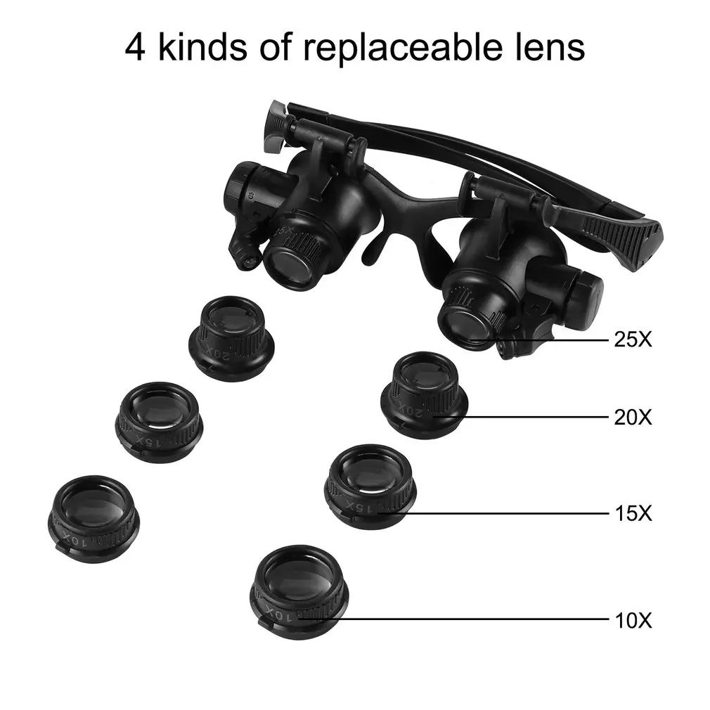 Ремонт часов лупа очки 10X 15X 20X 25X двойной глаз ювелирные изделия с 2 светодиодный свет новый Лупа Объектив Микроскоп