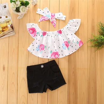 

Basacomie (5 sets/lot) New 2017 Floral T-shirt & Shorts & Headband 3 PCs Sets Girls' Clothing Sets Summer Style 090806