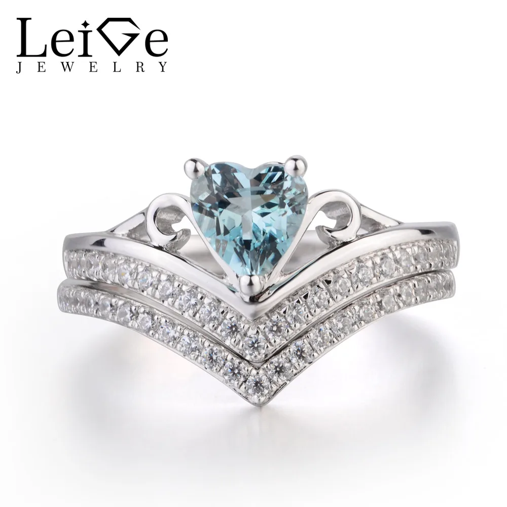 Leige Jewelry Wedding Rings Natural Aquamarine Ring Blue Gems Heart Cut