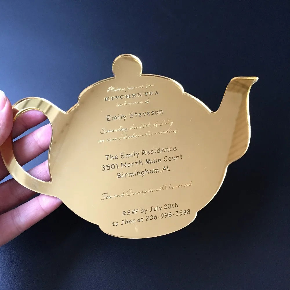  30Pieces Per Lot Funny Tea Pot Shape Wedding Kitchen Tea Golden Mirror Acrylic Invitation Cards SHI - 32872195064