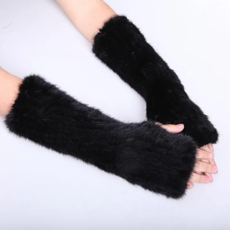 

Women's Real Genuine Knitted Mink Fur Winter Fingerless Long Gloves Elastic Net Mittens Arm Warmer Black Coffee