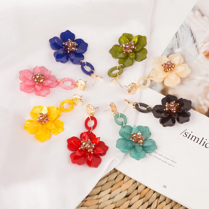 Trendy Long Acrylic Acetic Resin Earrings Flower for Women 2019 Big Metal Drop Earings Crystal for Girls Fashion Jewelry Brincos (2)