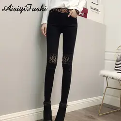 Леопардовые джинсы для Для женщин черный Рваные джинсы джинсовые штаны отверстия уничтожено колена узкие брюки повседневные штаны стрейч