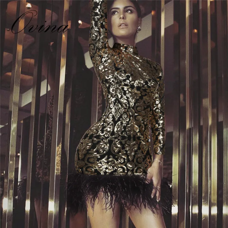 

High Quality Gold Sequins long Sleeve Round Neck Fur Hem Bodycon Bandage Dress Night Party Dress