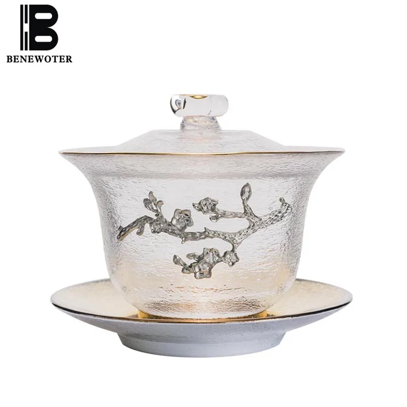 Креативная Оловянная сливы Стекло чайный набор кунг-фу Gaiwan - Цена: 