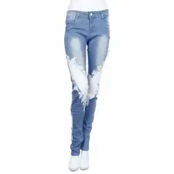 2019 сезон: весна-лето Модные, пикантные новые для женщин дамы кружево шить джинсы скинни, карандаш брюки для девочек джинсовые мотобрюки