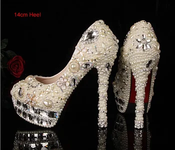 

Luxury14cm High-heeled Bridesmaid Pears Beaded Bridal Shoes Crystal Diamond Lady Shoe for Wedding Party Ball Prom Pageant Event