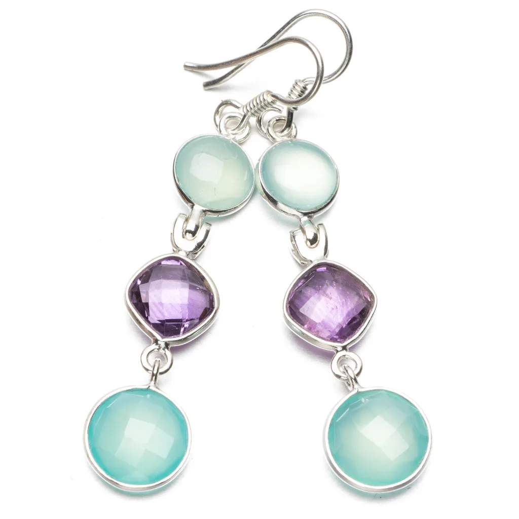 StarGems(tm) Natural Chalcedony and Amethyst 925 Sterling Silver Earrings 2 1/4&quot | Украшения и аксессуары