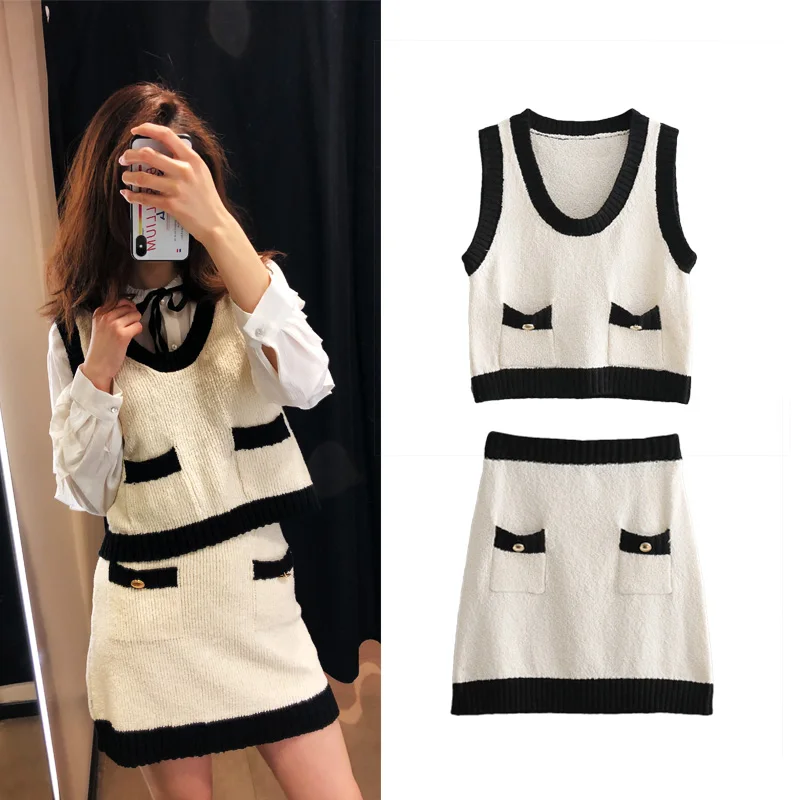 

Women's suit 2019 spring and summer new fashion retro short vest high elastic skirt two-piece female temperament loose clothes