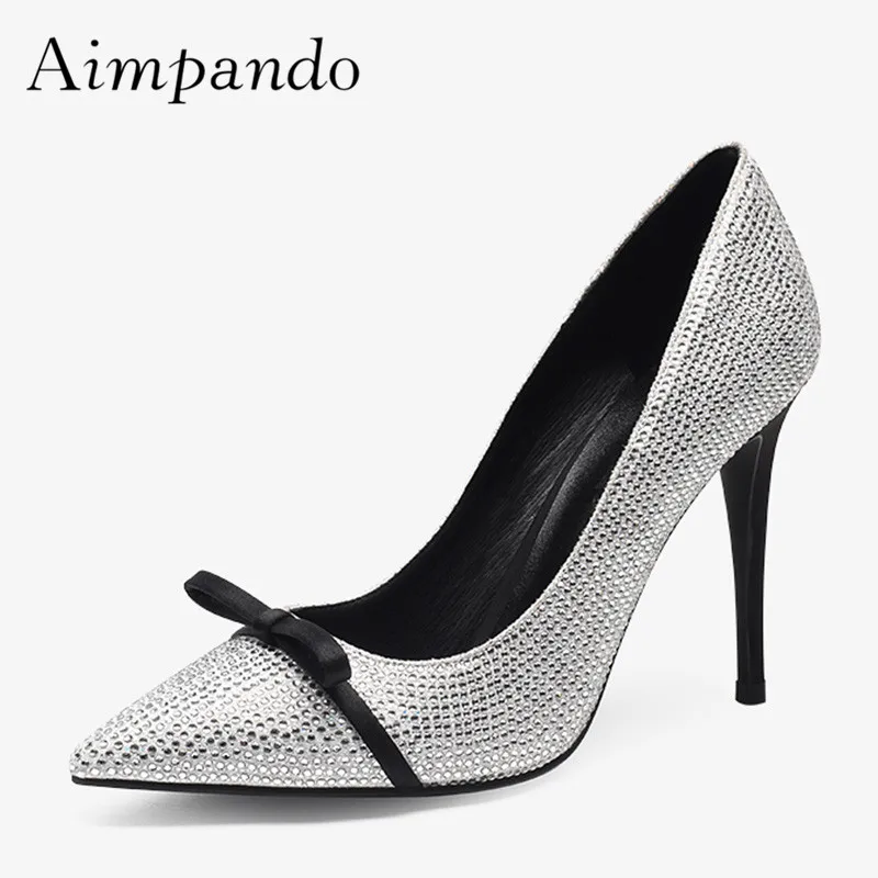 

2019 Bling Bling High Heel Shoes Woman Pointed Toe Bow Knot Sequined Pumps Women Fashion Party Shoes