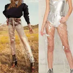 Модный поливинилхлоридный Пластик непромокаемые брюки прозрачный твердый Высокая талия широкие брюки, свободные брюки