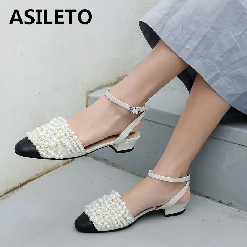 ASILETO Summer Office Lady Pump Shoes full real leather shoes pearl low Heels Close Toe Sandals
