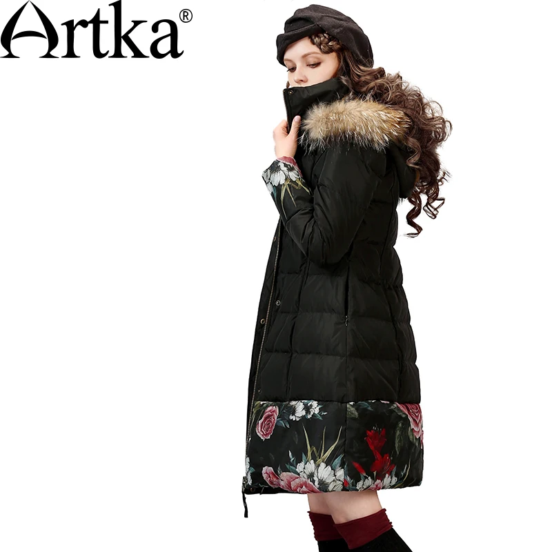Kopen ARTKA vrouwen Down Jas Winter Bovenkleding 2018 Lange Parka Vrouwelijke Bontkraag Jas Hooded Windbreaker Bloemen Overjas ZK11867D