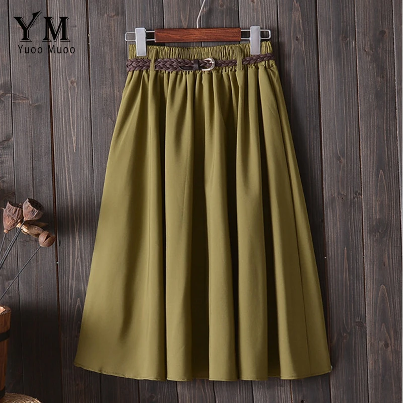 

YuooMuoo Summer Casual Elastic Waist Maxi Solid Soft Silk Feeling satin Skirts Lace Up Long A Line Pleated Skirts with Belt