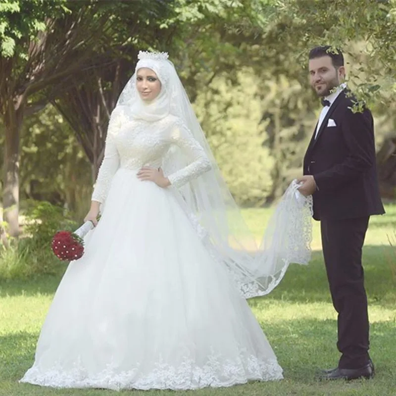 Мусульманское свадебное платье 2019 бальное платье Кружева Аппликация Высокая шея арабское свадебное платье исламские Свадебные платья