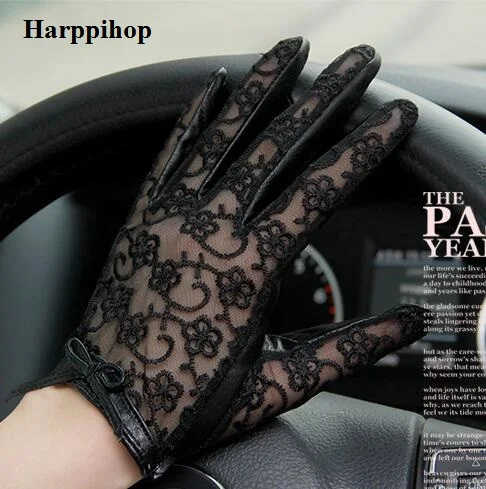 New Women Lace Genuine Leather Gloves Unlined Nappa Lambskin Wrist Sunscreen Glove 2018 winter fashion car motor lace mittens