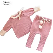 Ручной работы с бантом Вязаный Одежда для новорожденных девочек зима-осень комплект одежды для новорожденных Розовый потянув куртка Rope брюки с мячом хлопок