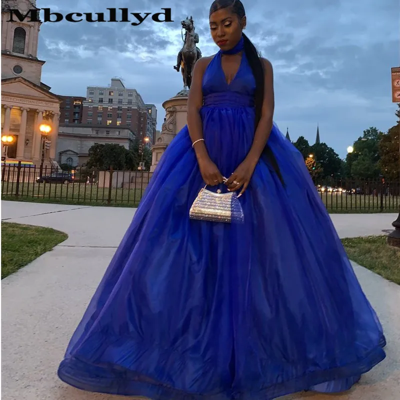 Mbcullyd королевские синие платья на выпускной Длинные вечерние платья для девочек сексуальные с открытой спиной с высоким горлом строгий халат De Soiree