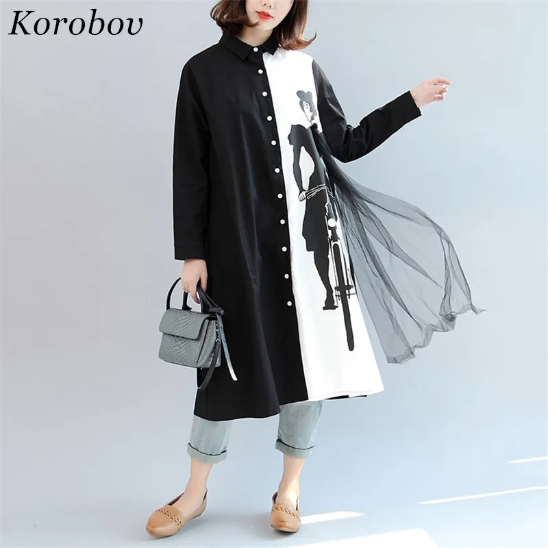 

2019 Auttum New Cartoon Print Ins Fashion Blouse Loose Casual Turn-down collar Shirts Patchwork Korean Long Blusas 75762