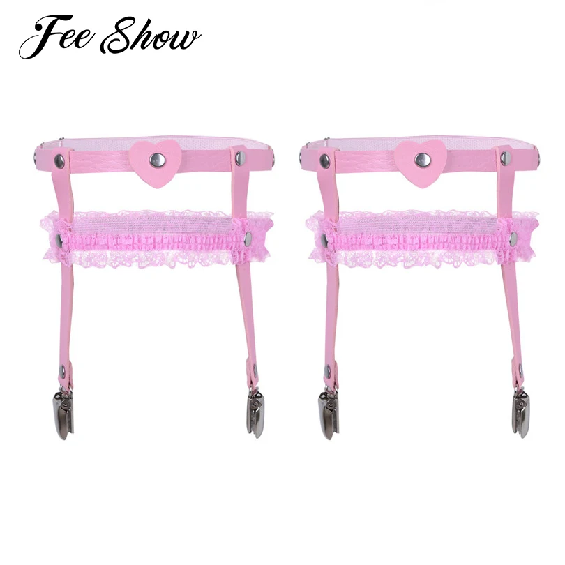

1 Pair Fashion Adjustable Women PU Leather Lace Bridal Wedding Garters Belt Sock Holder Fastener Suspender with Duck-Mouth Clips