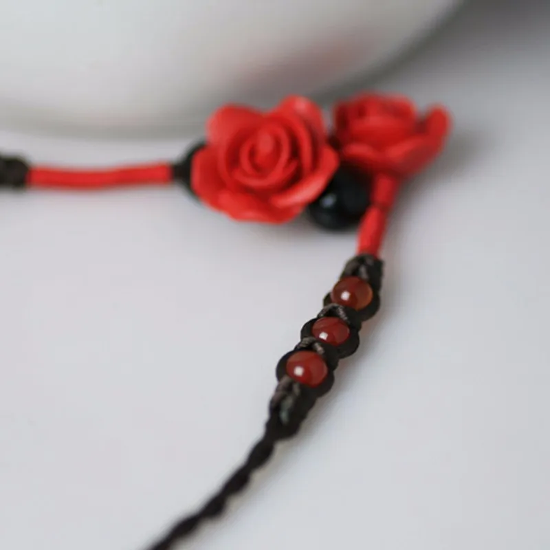 Элегантные оригинальные резные, покрытые лаком красные камни розы ожерелье подарок для женщин этническое ожерелье Винтаж Рождество 0234