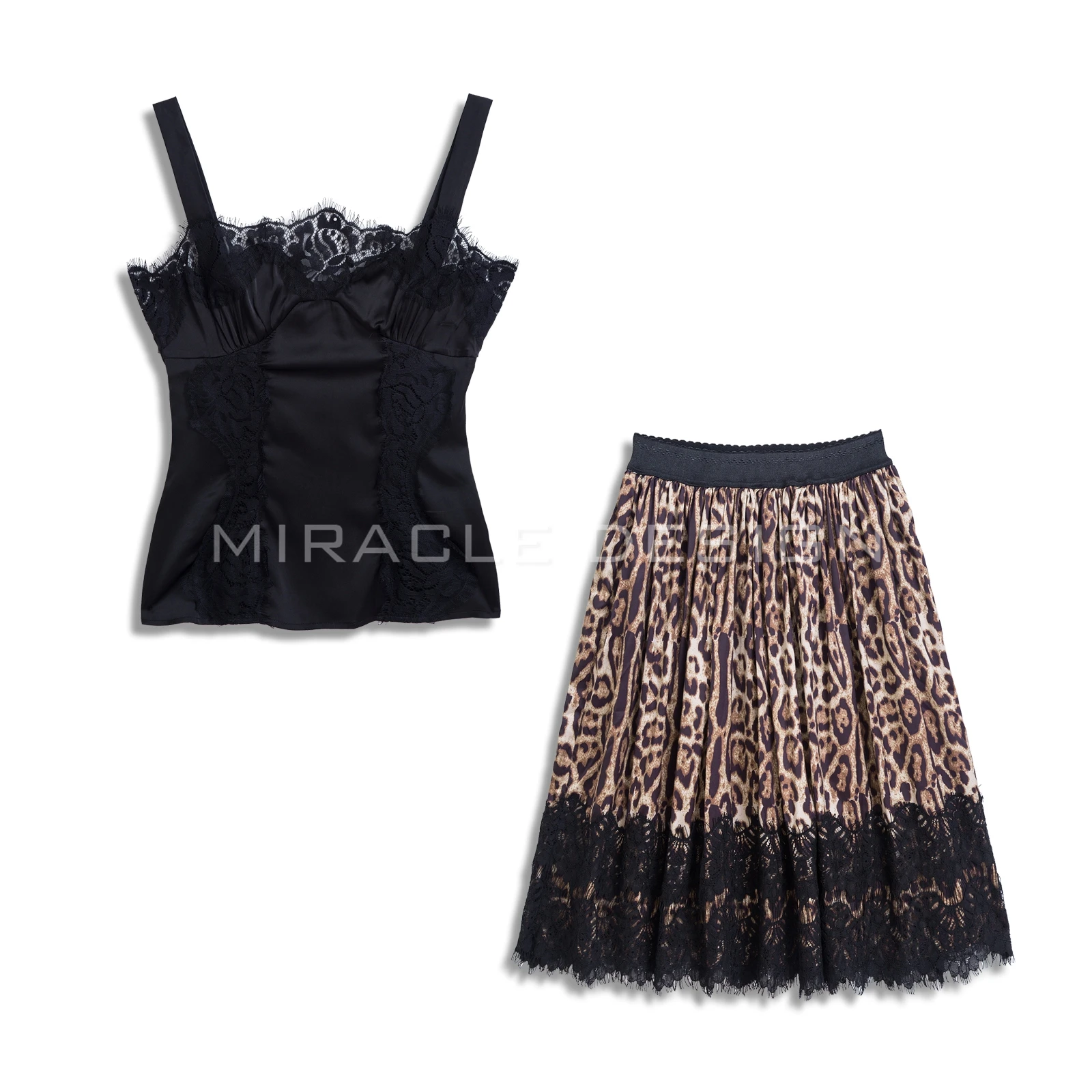 Delicadas rendas tipo dobra peito cetim stretch cinta + estampa de leopardo rendas costura Um pêndulo saias