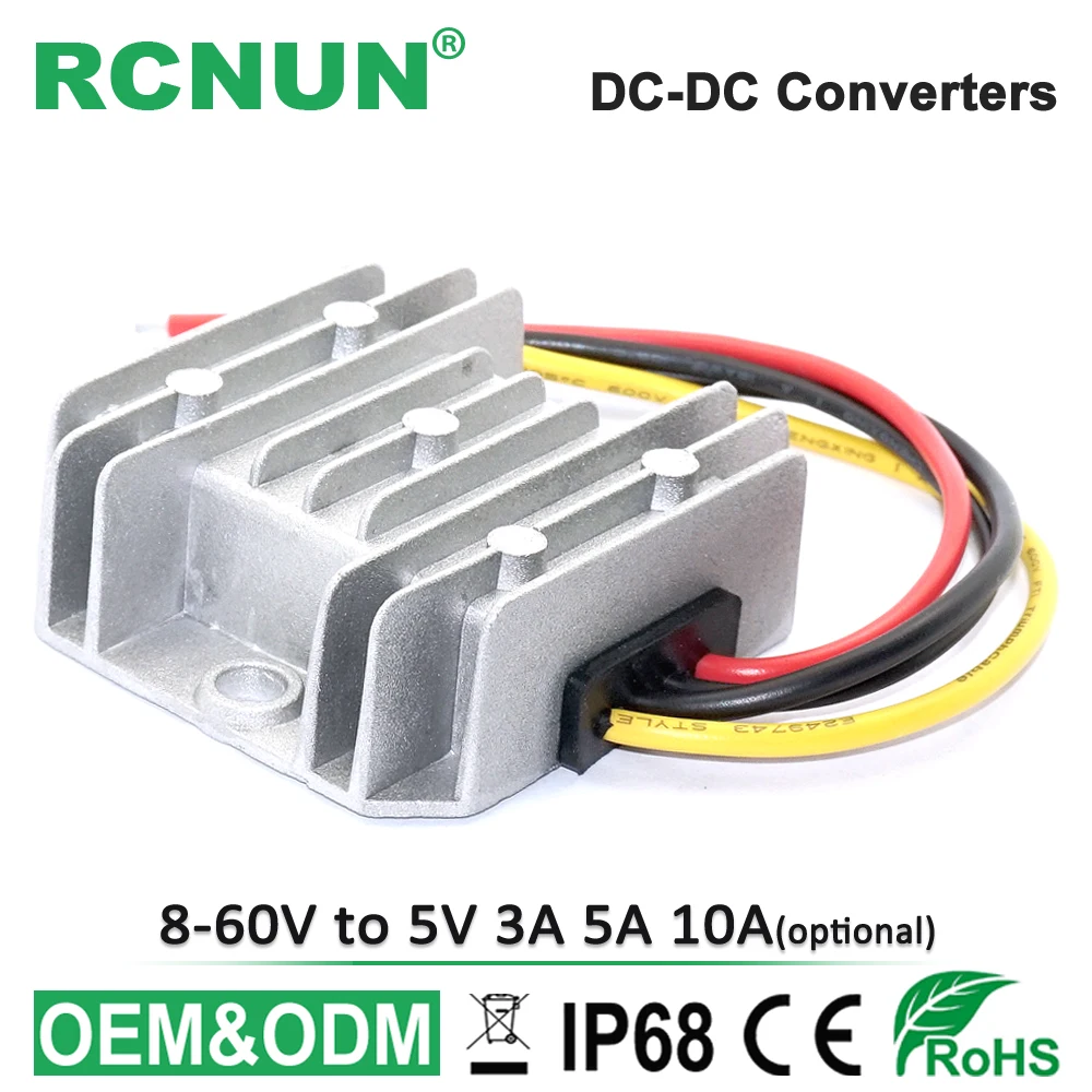 

Waterproof 12V/24V/36V/48V to 5V 3A 5A 10A DC DC Converters 8-60V to 5V Buck DC-DC Module Car Power Supply CE RoHS RCNUN