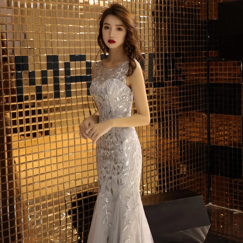 

O-neck Evening Dress Mermaid Sliver Gray Sleeveless Fashion Formal Trumpet Party Gown Embroidery Skinny Long Prom Dresses E047