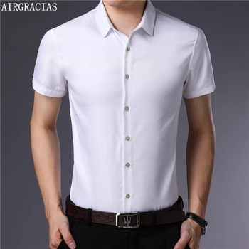 

AIRGRACIAS Summer New Men's Business Dress Shirts Male Formal Button-Down Collar Shirt Fashion Style Men's Casual Dress Shirt