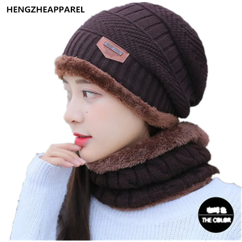 winter new warm girls beanies+scarf sets knit solid color women plush thick caps+ o ring collars suits adult two pc crochet hats