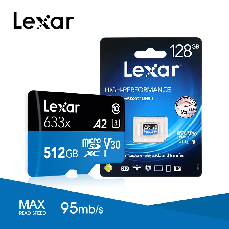 Карта памяти micro sd Lexar 512 ГБ, micro sd карта 128 ГБ, 256 ГБ, высокая скорость до 95 м/с, класс 10 633x, micro sd, TF карта, флеш-карта