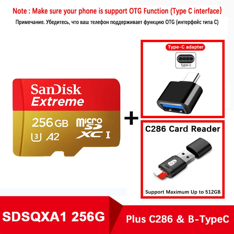 Оригинальная SanDisk карта Micro SD 256GB 160 МБ/с. microSD TF флеш-карта, поддержка официальной проверки 4K Full HD кард-ридер - Емкость: SQXA2-256-C286-TypeC