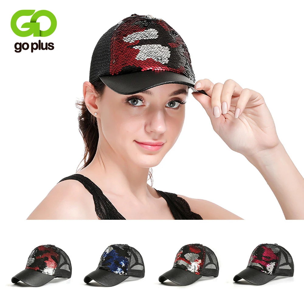 

GOPLUS 2019 Snapback Camouflage Glitter Sequins Baseball Caps Women Summer Patchwork Mesh Hat Girl Hip-Hop Trucker Hat Female