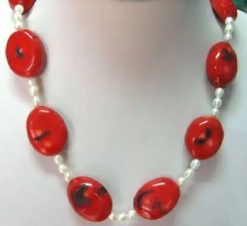 

shipping Fashion 5-6MM Real Rice White Akoya Cultured Pearl/Red Coral Pendants necklace
