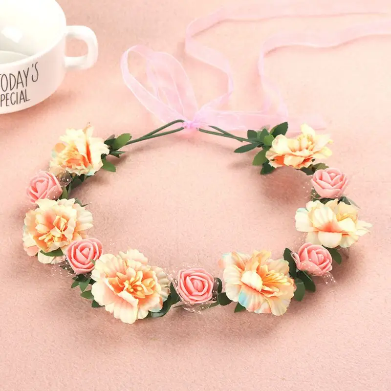 Adult Kid Irregular Faux Rose Flower Headband Flower Girls Bridal Wedding Gradient Colored Wreath Crown Mesh Headpiece Beach Cap