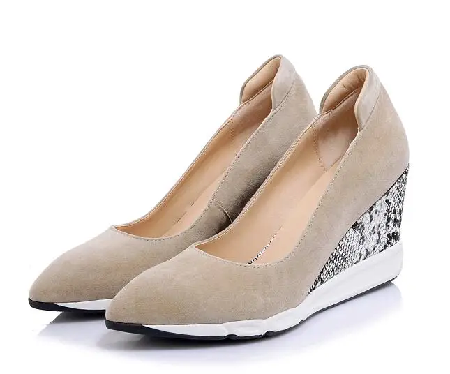 XGRAVITY Wedge Genuine Leather Lady High Heel Dress Wedges Snakeskin Heel Pointed Toe Woman High Heels Ladies Party Shoes A062