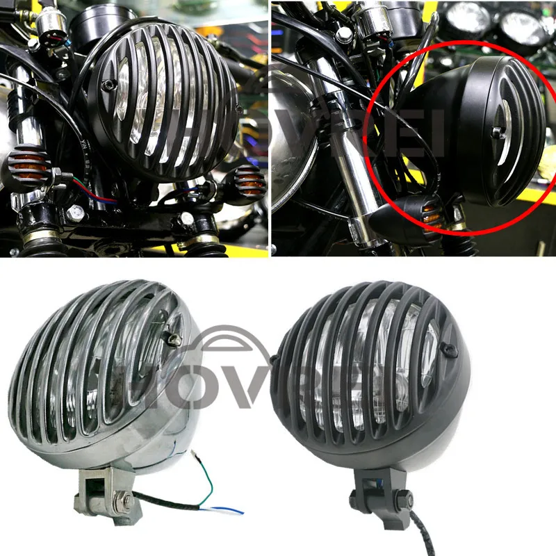 retro 5inch Motorcycle front Finned grill Headlight vintage High/ Low