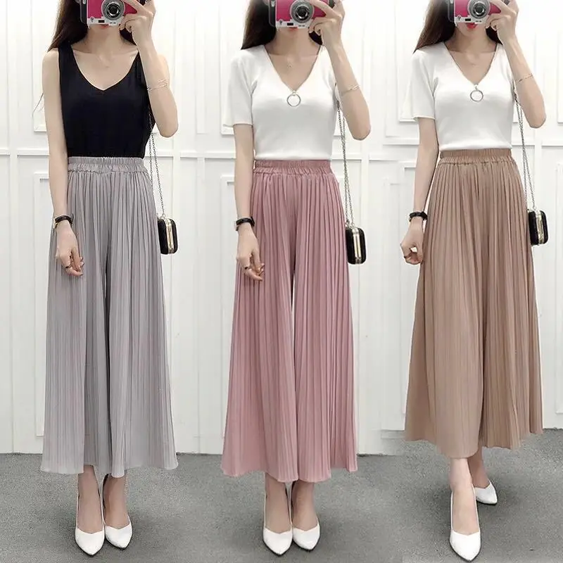 

Summer thin section ladies casual eight points wide leg pants pleated wide leg pants student pants