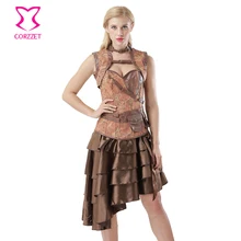Brown Vintage Print Denim Jacket + Skirt + Corset Gothic Dresses Burlesque Dress Steampunk Clothing Women Corselet Plus Size 6XL
