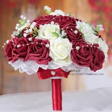 Красота бордовый и кремовый белый Искусственные розы цветы ручной работы декоративные невесты кристалл кружевные акценты Свадебные букеты