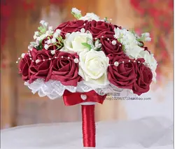 Красота бордовый и кремовый белый Искусственные розы цветы ручной работы декоративные невесты кристалл кружево акценты Свадебные букеты