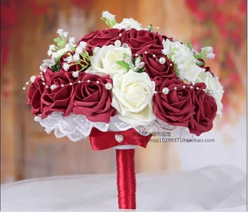 

Beauty Burgundy & Cream White Artificial Rose Flowers Handmade Decorative Bride Bridal Crystal Lace Accents Wedding Bouquets