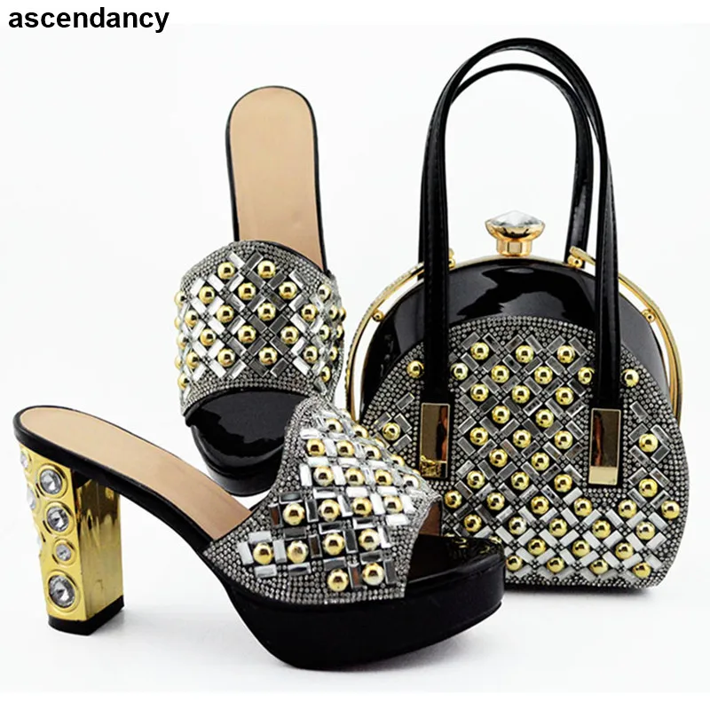 

Rhinestone Women Party Pumps with Purse Luxury Shoes Designers High Heels Slip on Lady Pumps Women Shoes and Bag Set In Italy