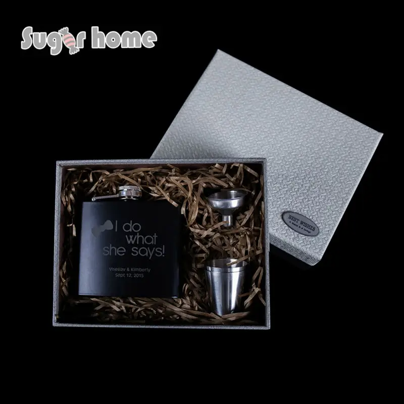 

1 Set Personalized Engraved 6 oz Black Hip Flask Stainless Steel Wedding Birthday Valentine's Day Gift box