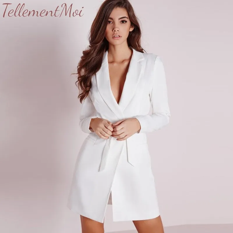 Blazer for Women Deep V Long Sleeve Blazer Mini Dress Casual Work Office Lapel Long Jacket with Belt Slim Trench Coat Dresses