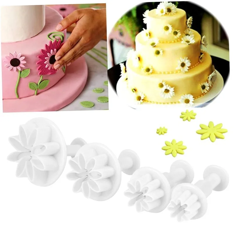 

4 Pcs/Set Cookie Cake Decorating Spring Pressing Plastic Bake Tool White Sale Beautiful Daisy Flower Mold Fondant Cutter